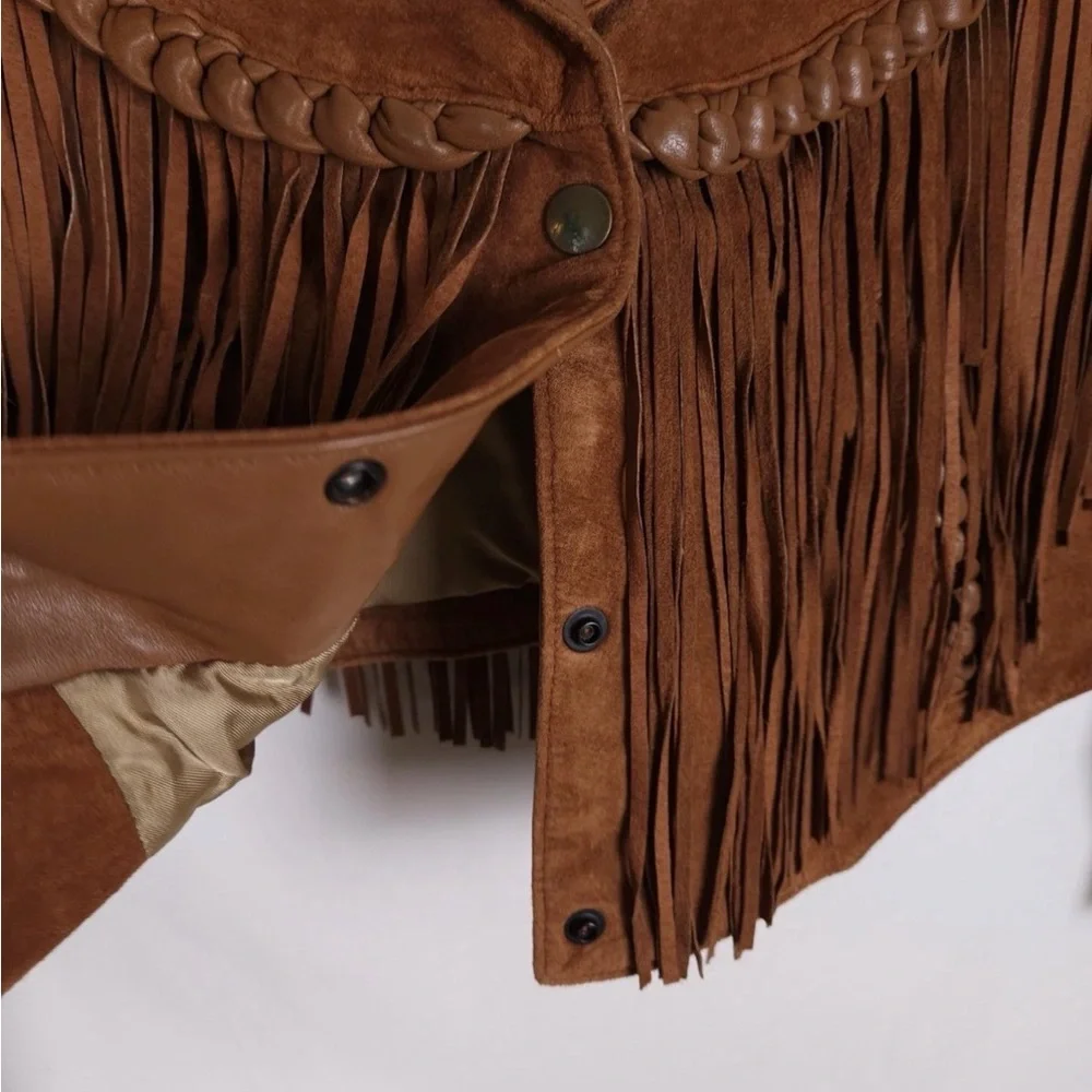 Vintage Diamond Leathers Size Large Brown Genuine Leather Fringe Snap-Up Jacket - Picture 4 of 9
